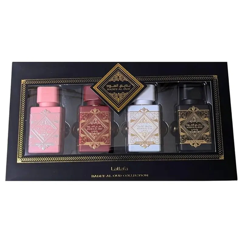 Lattafa Bade'e Al Oud Collection Gift Set: Eau de Parfum 4x25ml (This Set Includes: 1x 25ml Noble Blush EDP 1x 25ml Sublime EDP 1x 25ml Honor & Glory EDP 1x 25ml Oud for Glory EDP) perfume by Lattafa