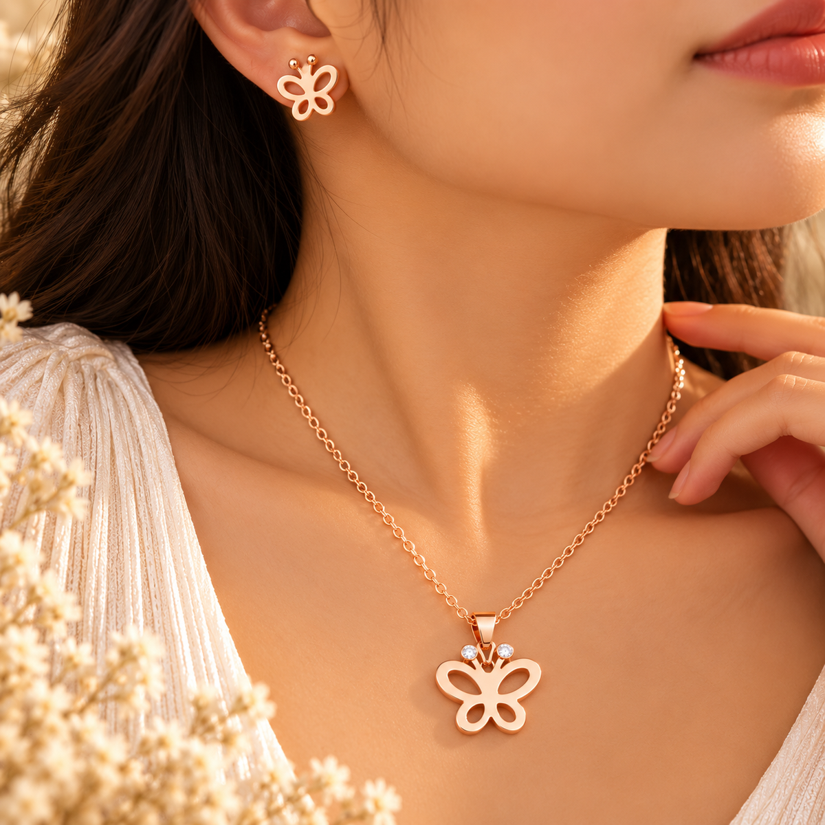 Butterfly Pendant & Stud Earring Set – Gold perfume by Mehervaan