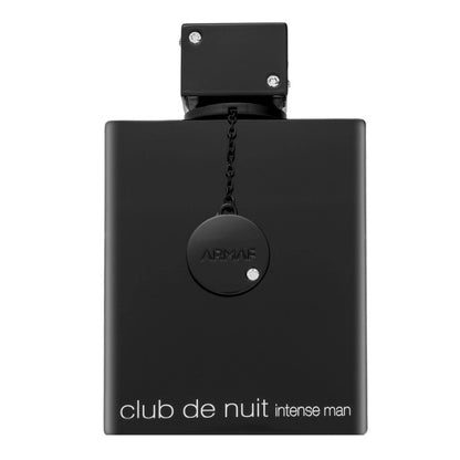 A matte black rectangular perfume bottle with a matching black cap and chain, featuring the brand name 'ARMAF' on a circular emblem and 'club de nuit intense man' printed at the bottom, set against a plain white background.