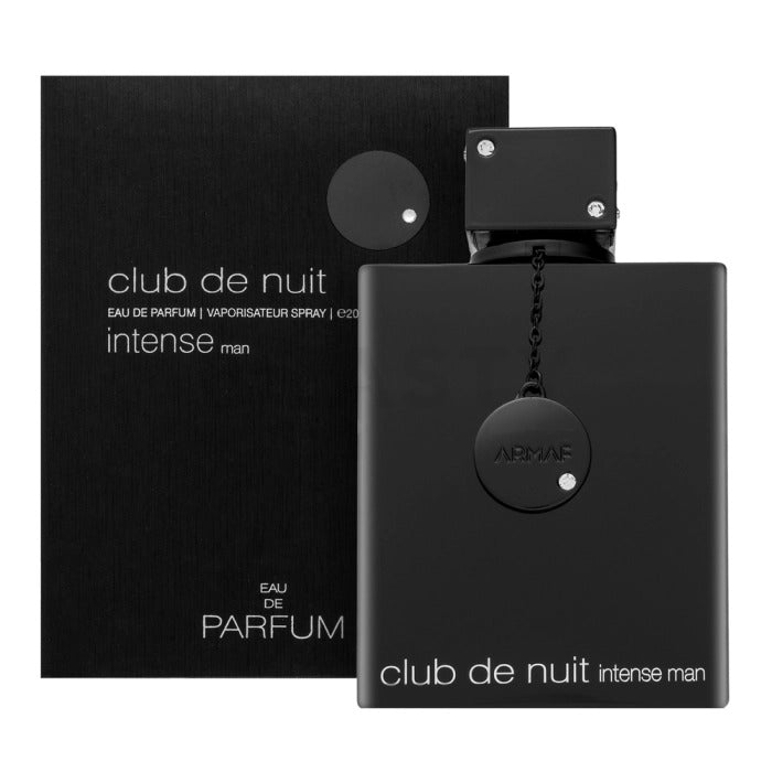 Club de Nuit Intense Man Eau de Parfum bottle in matte black next to its matching black packaging box, shown on a plain white background. perfume by Armaf