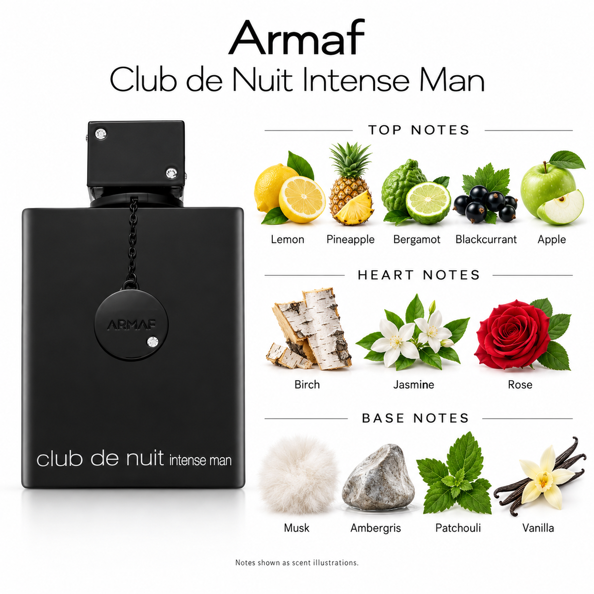 Armaf Club de Nuit Intense Man perfume bottle in matte black, shown next to a scent notes diagram with illustrations of lemon, pineapple, bergamot, blackcurrant, apple, birch, jasmine, rose, musk, ambergris, patchouli, and vanilla. perfume by Armaf