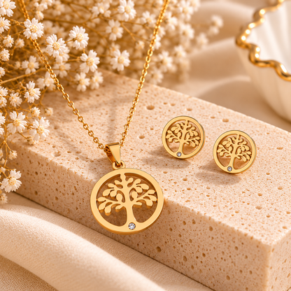 Tree of Life Pendant & Stud Earring Set – Gold
