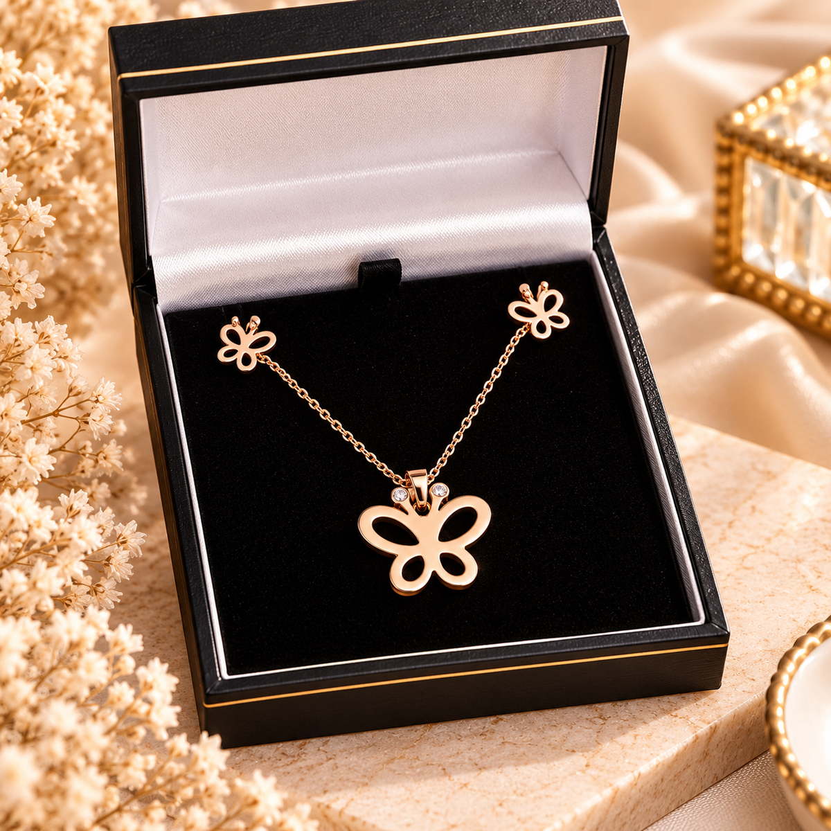 Butterfly Pendant & Stud Earring Set – Gold perfume by Mehervaan