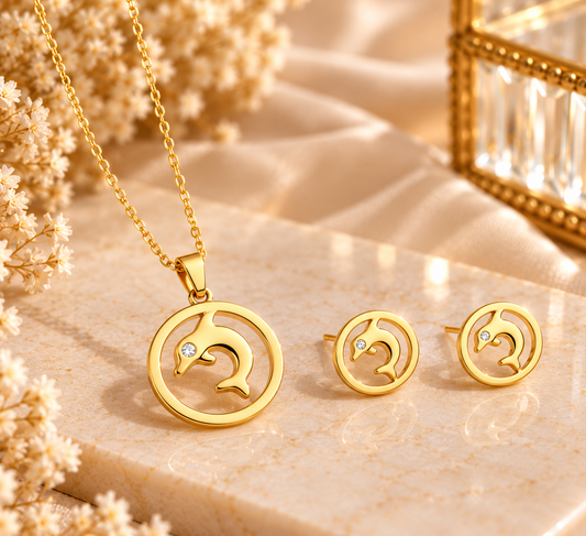 Dolphin Pendant & Stud Earring Set – Gold by Mehervaan