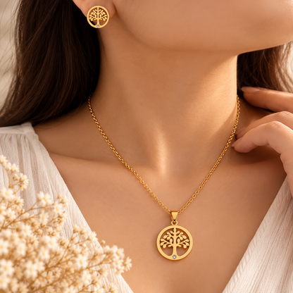 Tree of Life Pendant & Stud Earring Set – Gold
