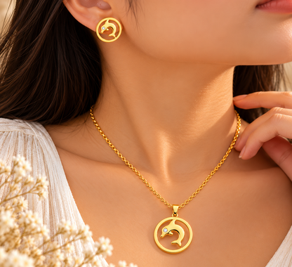 Dolphin Pendant & Stud Earring Set – Gold