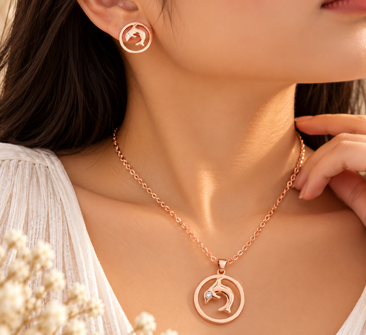Dolphin Pendant & Stud Earring Set – Rose Gold by Mehervaan