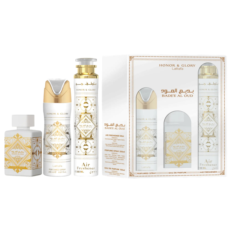 Lattafa Bade'e Al Oud Honor & Glory Gift Set 100 ml EDP + 200ml Scented Body Spray + 50ml Scented Hair Spray perfume by Lattafa