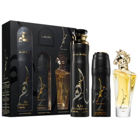 Lattafa Perfumes Maahir Gift Set 100ml EDP + 200ml Perfumed Body Spray + 300ml Air Freshener by Lattafa