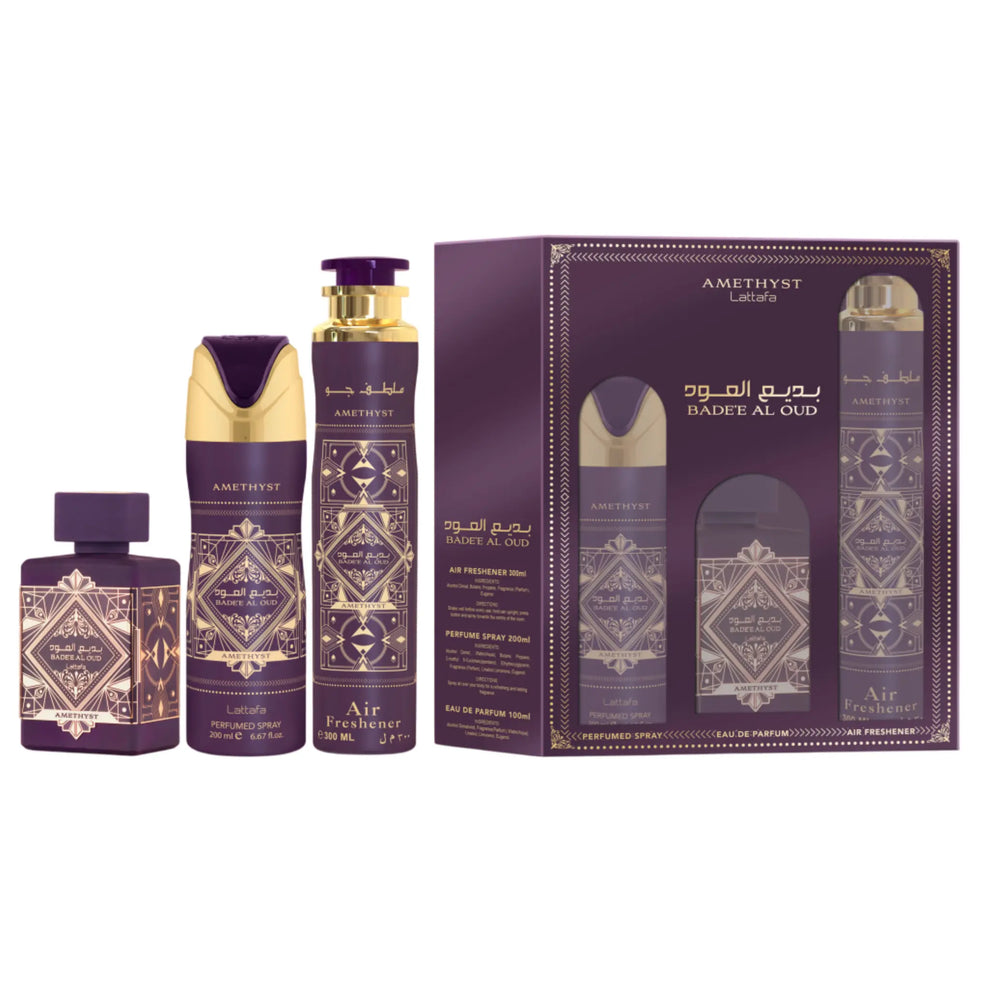 Lattafa Perfumes Bade'e Al Oud Amethyst Gift Set 100ml EDP + 200ml Body Spray + 50ml Hair Mist perfume by Lattafa